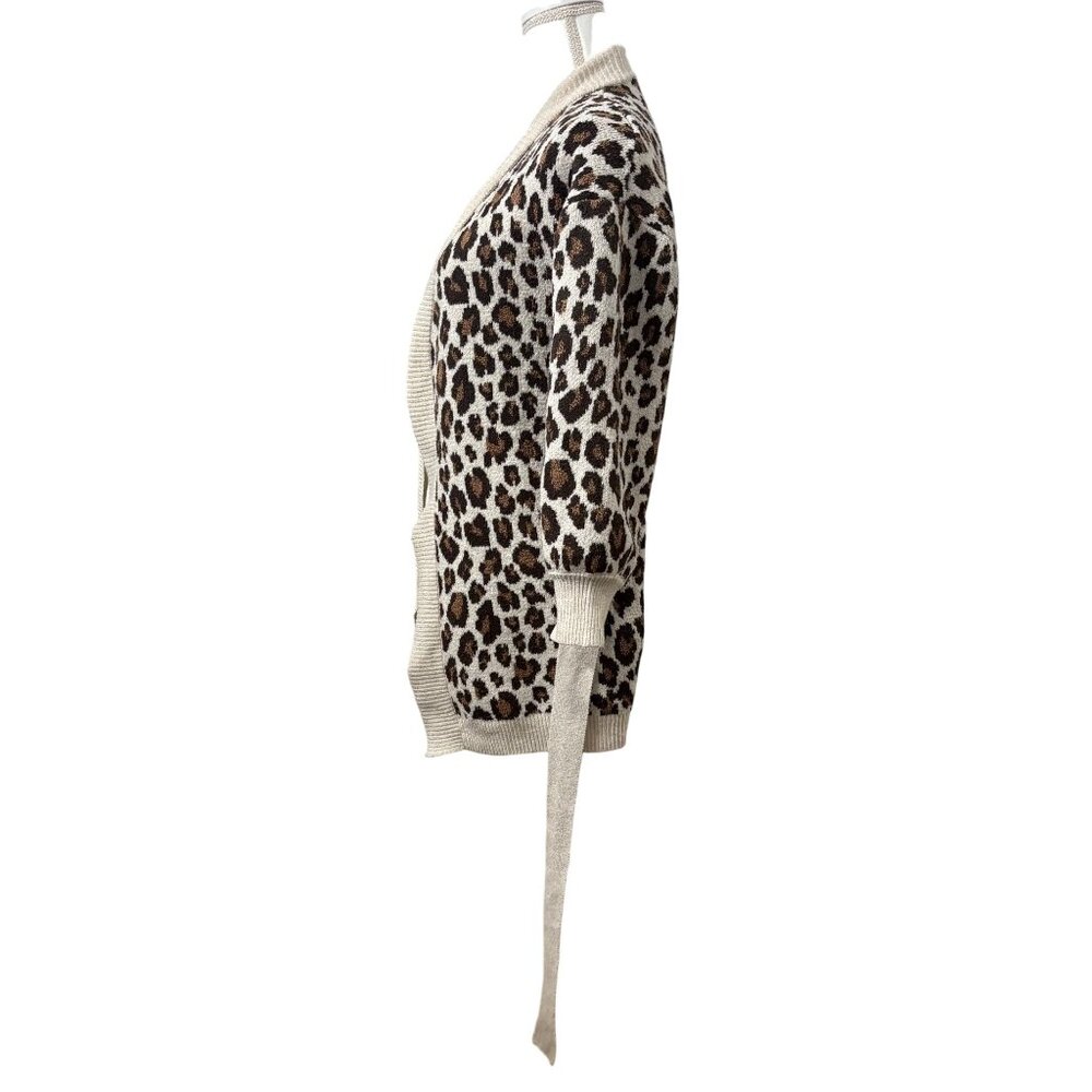 Leopard Print Open Front Belted Knit Cardigan Womens Size Medium Time & Tru - Picture 2 of 12